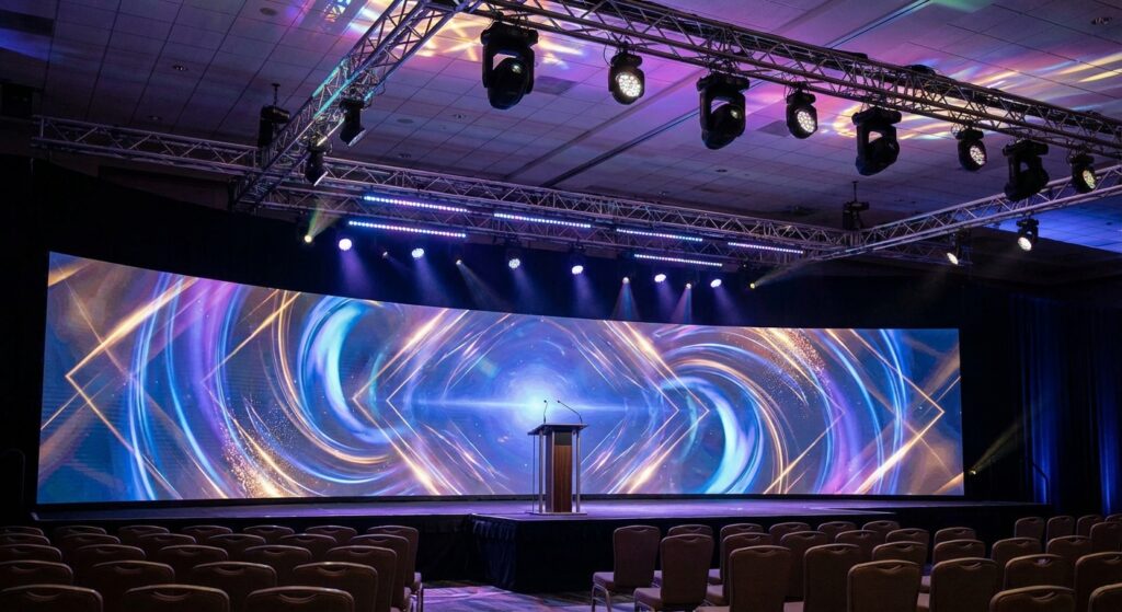 Modern event stage with large video screens used for IMAG production